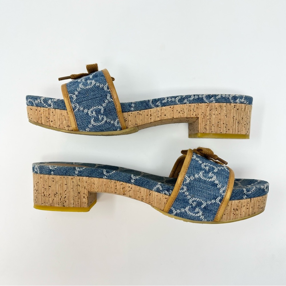 Gucci Vintage 90s Y2K Interlocking GG Logo Sandals Slides Heels Denim Blue 38 8 - Picture 6 of 12